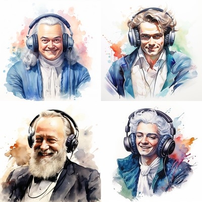 Four maestros with headphones, ready for the daily quiz.